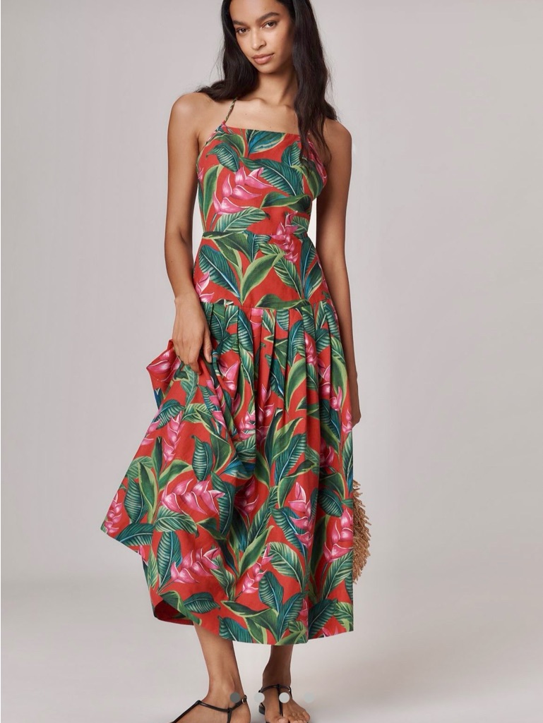 Farm Rio Linen Blend Dream Garden Strappy Drop Waist Midi Dress - Nwt